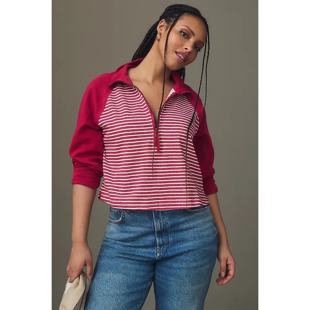 Anthropologie Pilcro Collared Half Zip Pullover 2X Pink Striped Crop Boxy Cotton